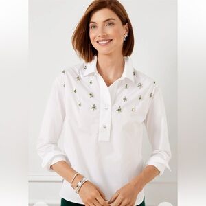 NWT - Talbots Embellished White Blouse/ Shirt, Long Sleeves, Rhinestones